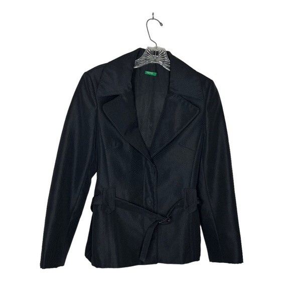 BENETTON Black Jacket Blazer Belted Snap Closure Lined Oversized Collar Size 44 - Picture 4 of 15